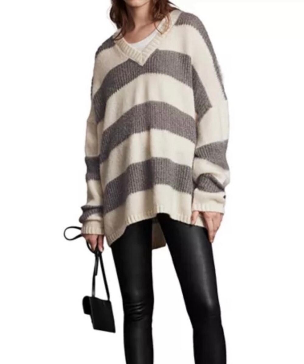 All Saints Women's Lou V Neck Sweater Gray & White Stripe Size XS